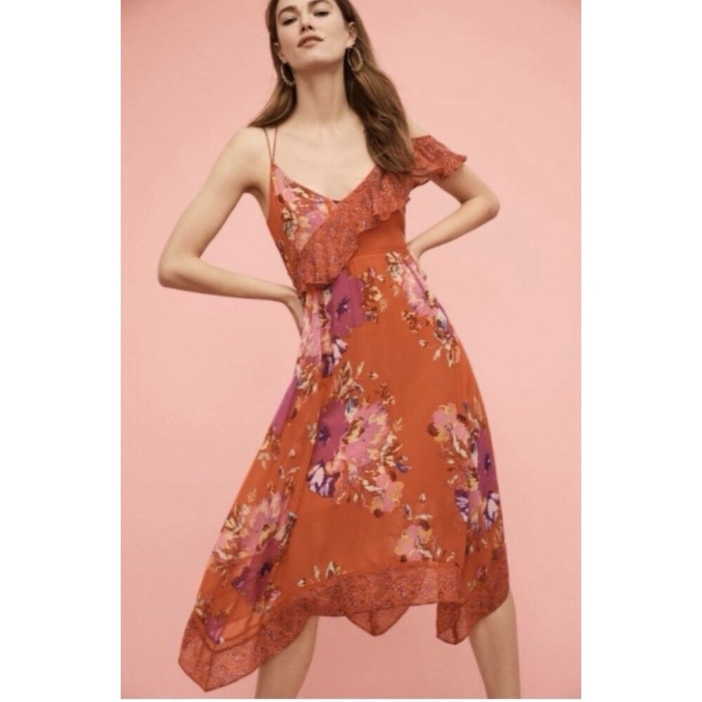 Anthropologie Maeve Grecia One Shoulder Handkerchief Dress Red  Floral Boho 4